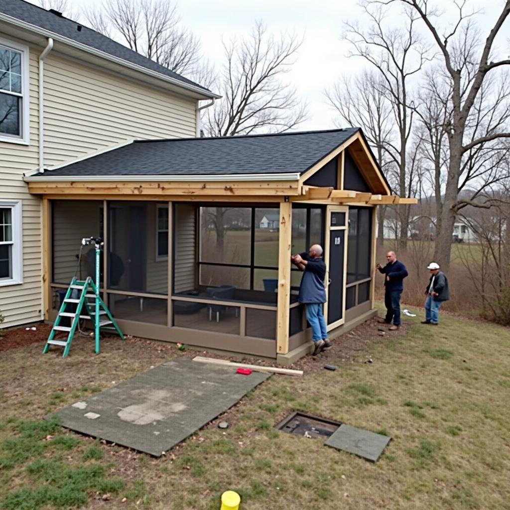 Pergola being built and attached to a screened porch during construction