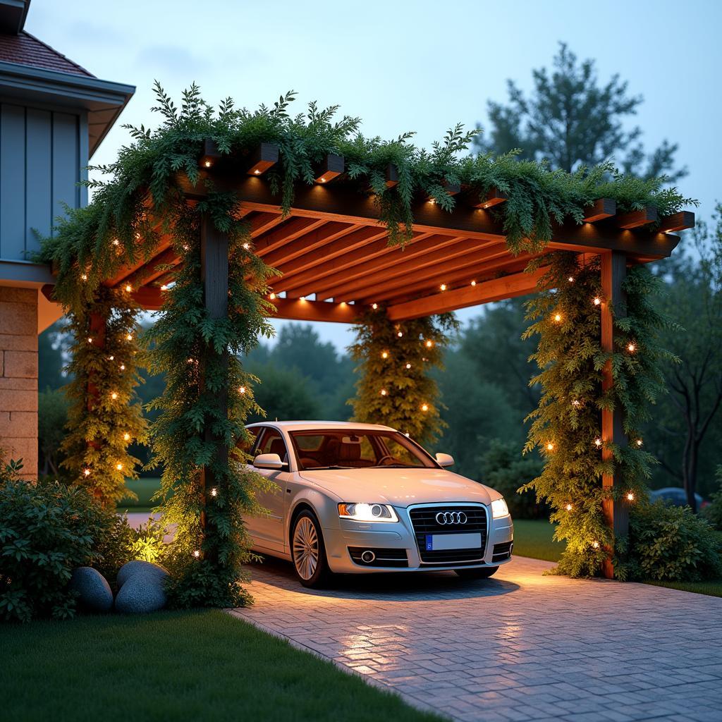 Pergola Carport with Climbing Plants and Lighting