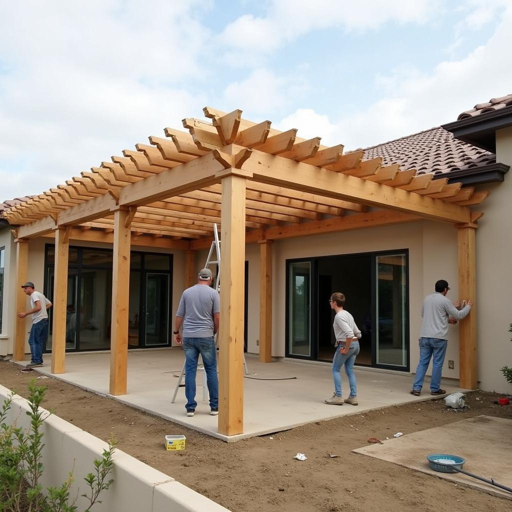 Pergola construction process at a Spanish-style villa