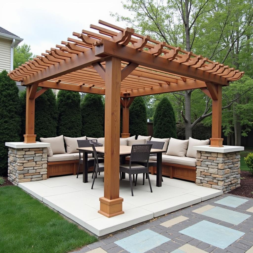 Pergola dining area with built-in storage