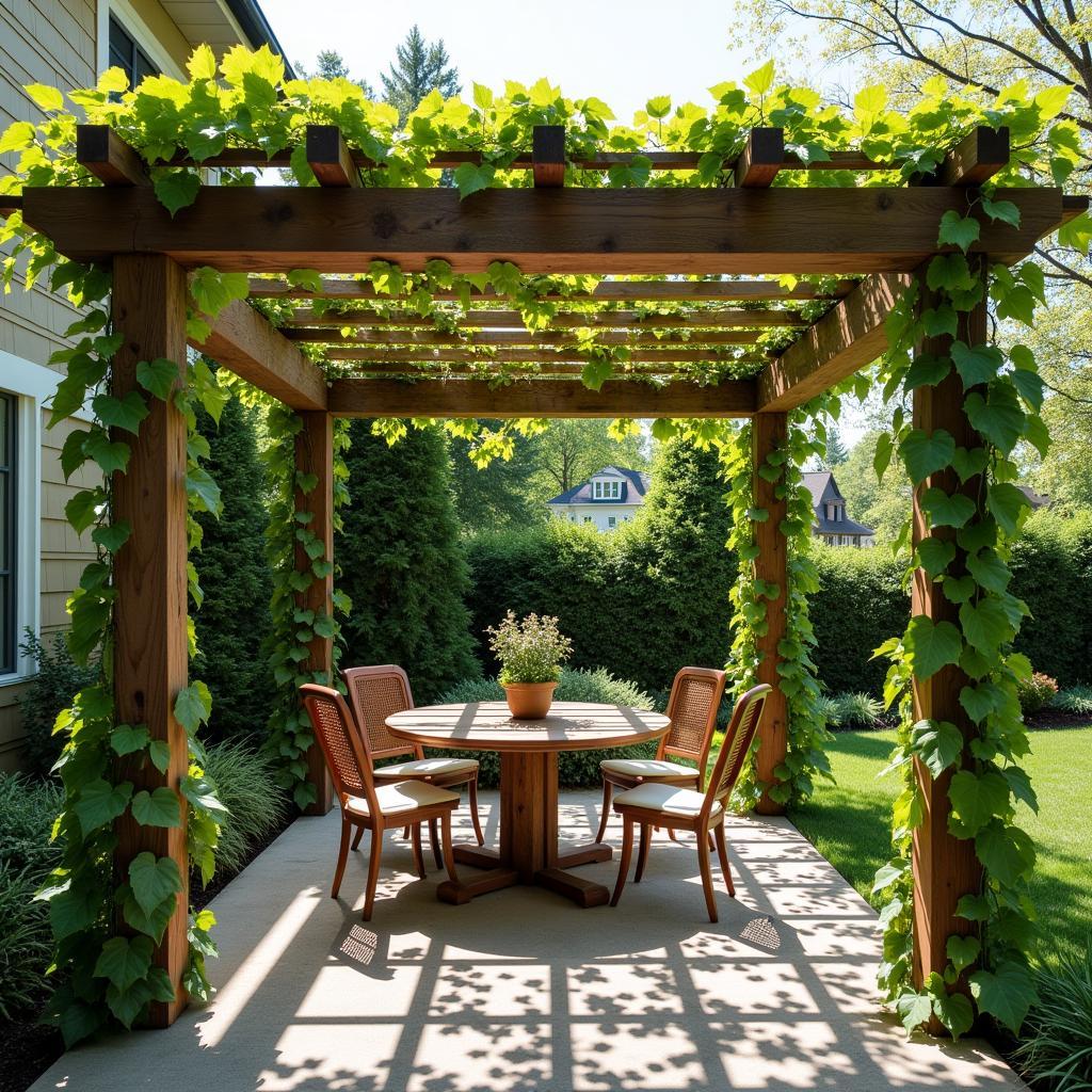 Pergola dining area with climbing plants