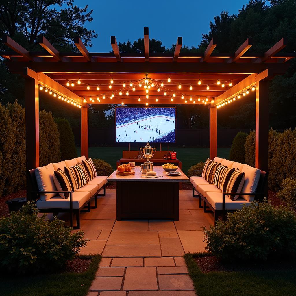 Pergola hosting a hockey cup party with ambient lighting