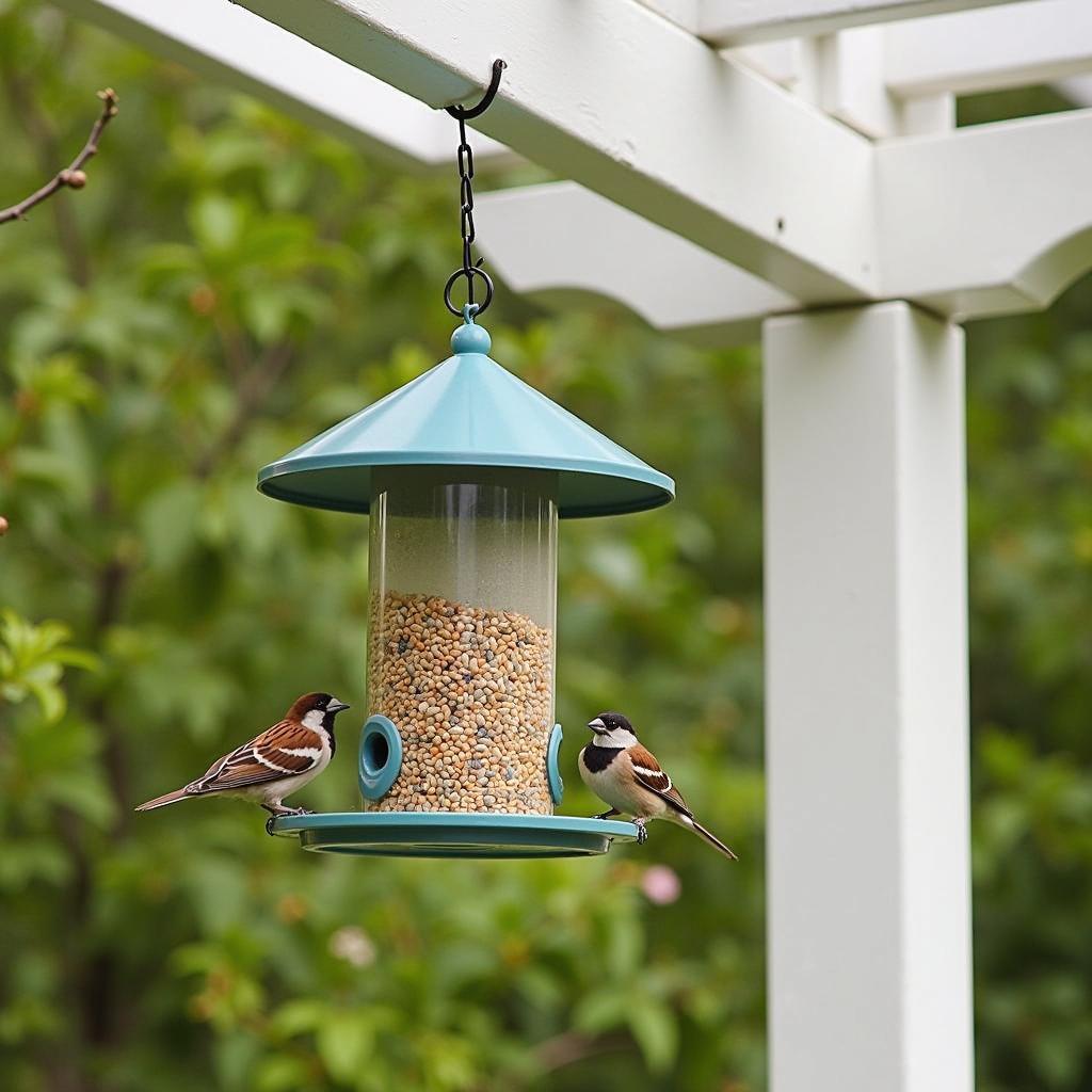 Hopper style bird feeder attached to a pergola post.