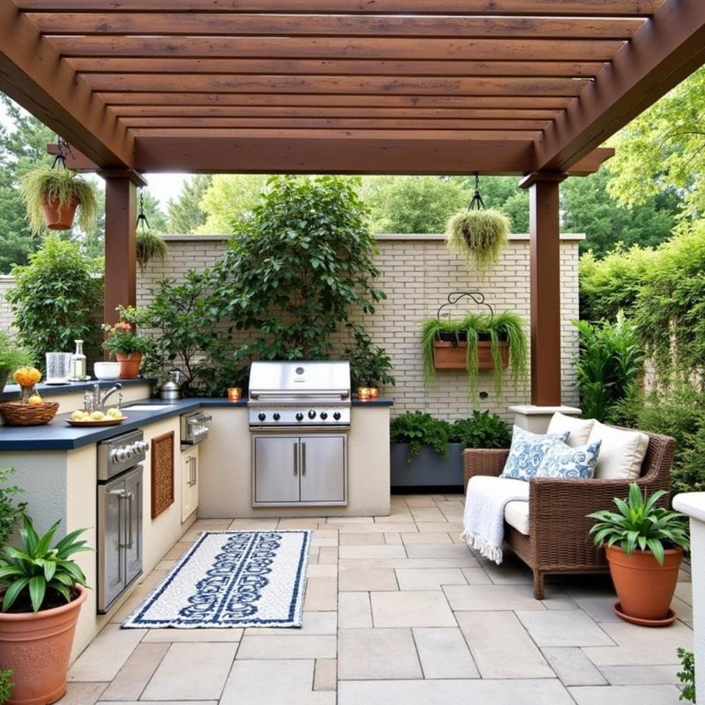 Pergola Outdoor Kitchen Decor with Greenery