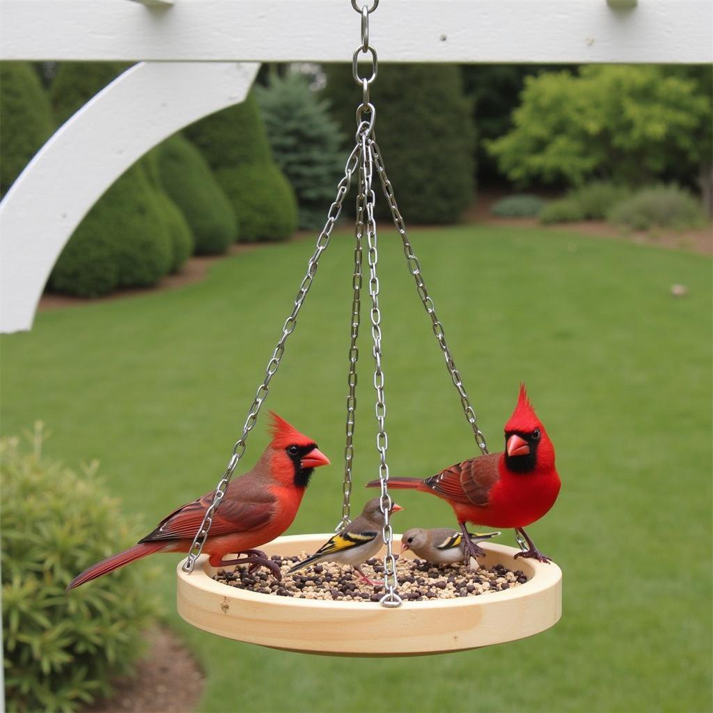 Platform bird feeder hanging from a pergola, attracting colorful birds.
