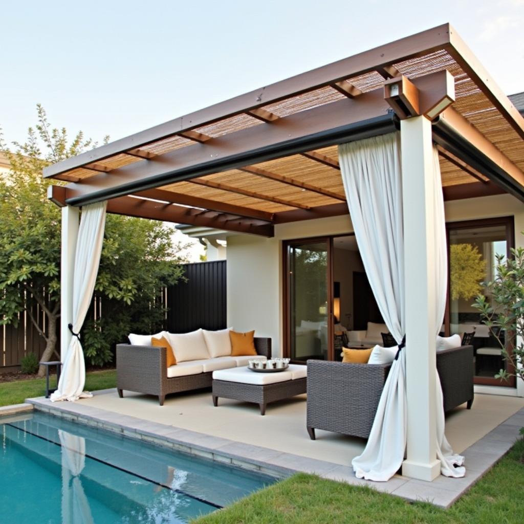 Modern pergola with privacy screens and curtains