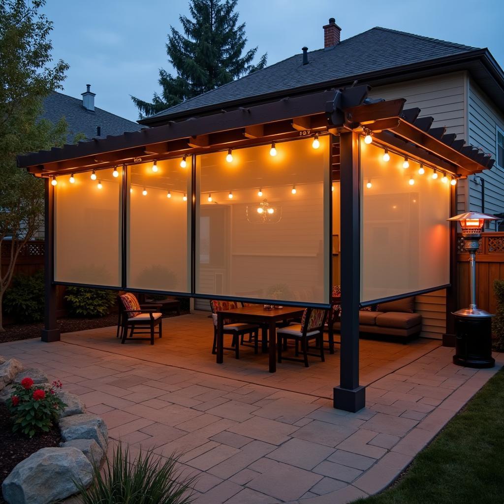 Outdoor heating and lighting enhance the ambiance of a rain-protected pergola.