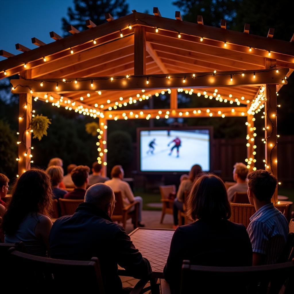 String lights illuminating a pergola during a hockey cup watch party