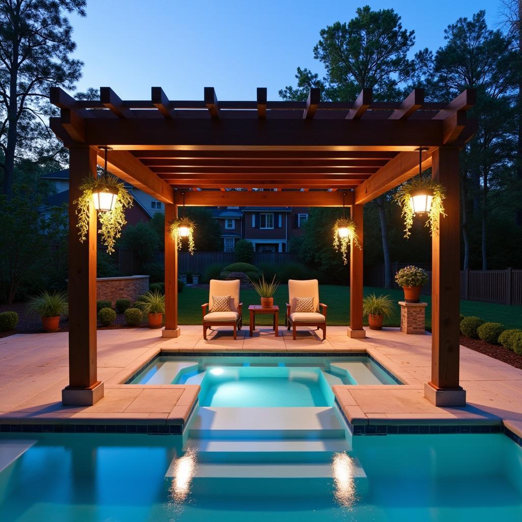 Pergola Over Swim Spa with Integrated Lighting and Plants