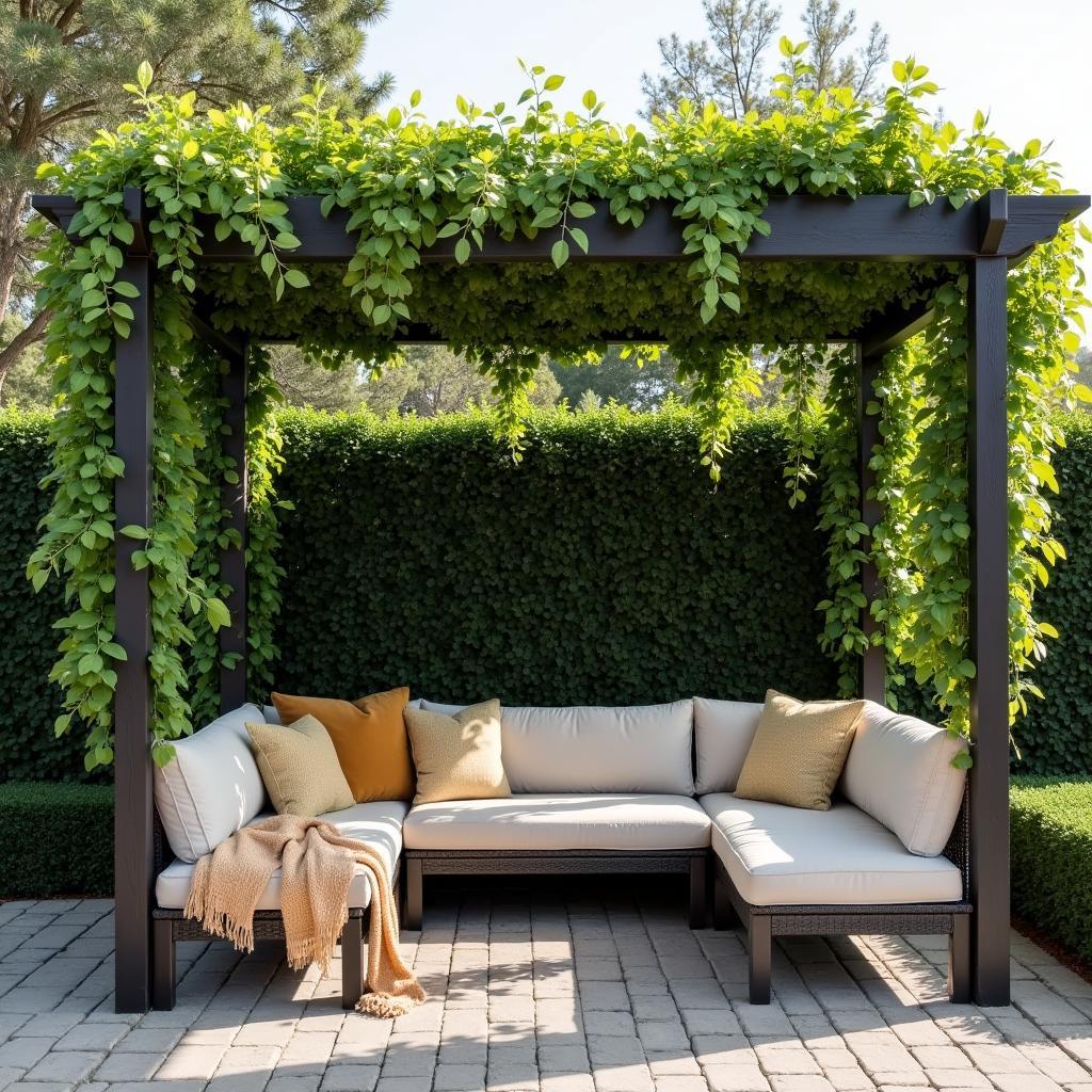 Pergola with Climbing Plants and Outdoor Furniture