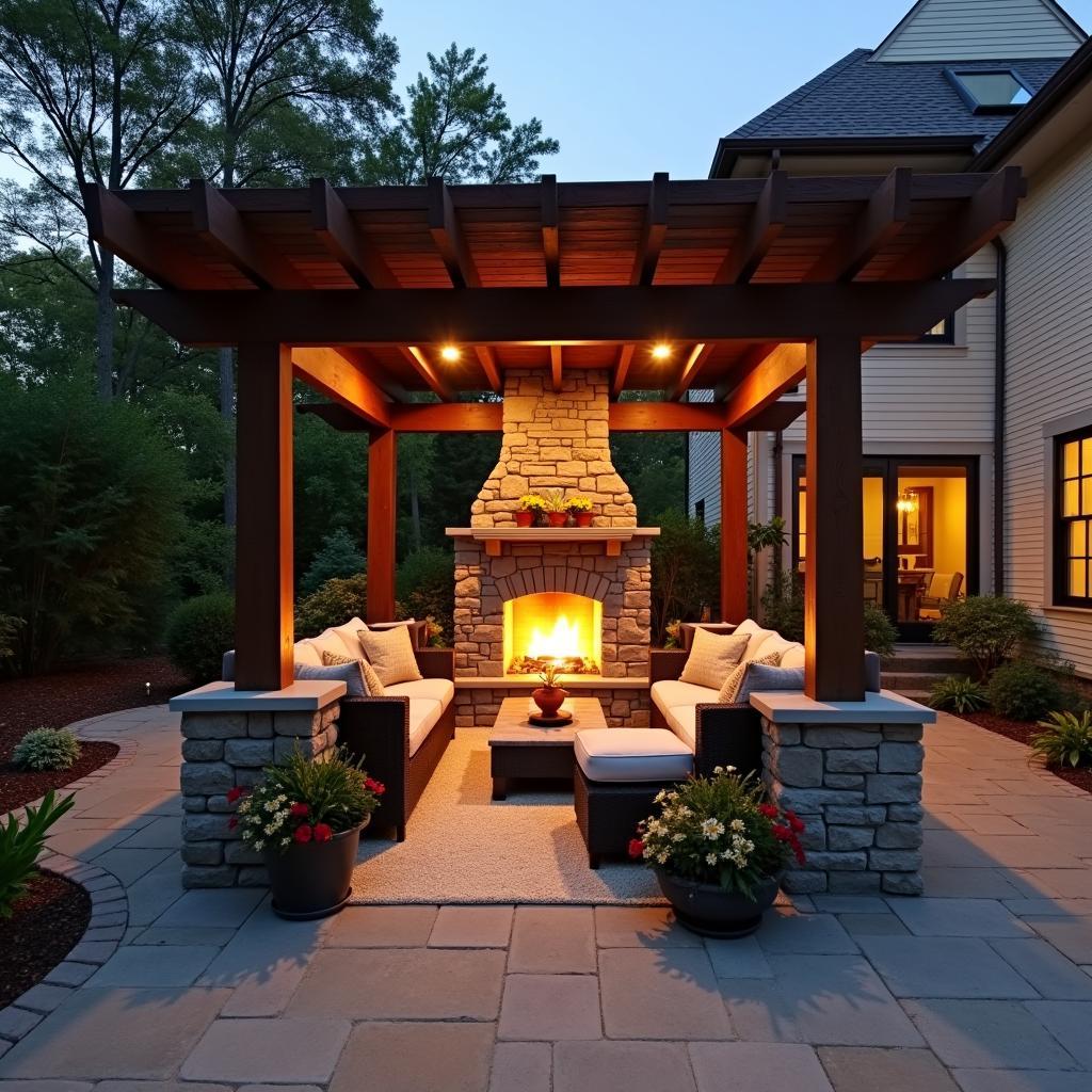 Cozy Pergola with Fireplace and Seating Area