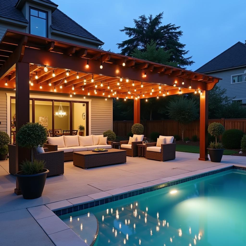 Pool Corner Pergola with Outdoor Lighting and Furniture