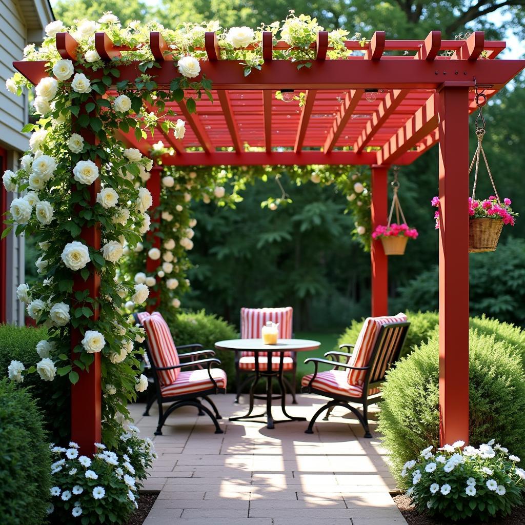 Red Pergola Decorated with White Flowers and Greenery