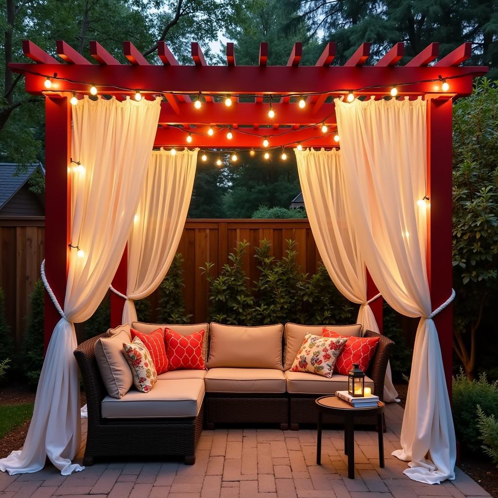 Red Pergola with String Lights and Sheer Curtains