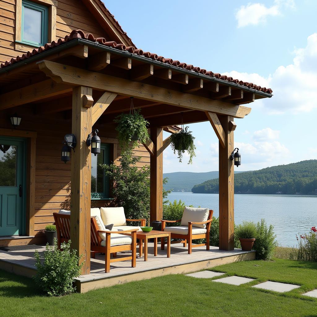 Rustic Lake House with Attached Wooden Pergola