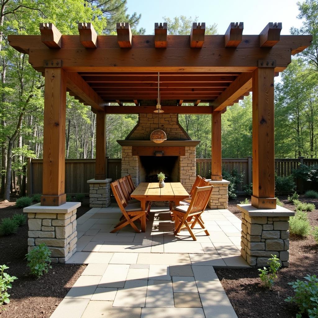 Rustic pergola dining area with a fireplace