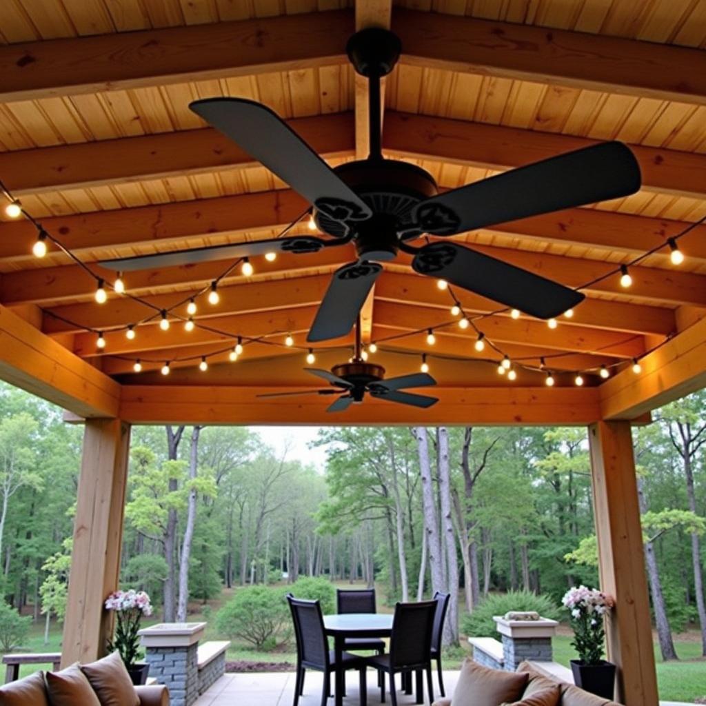 Rustic Pergola with Fan and String Lights