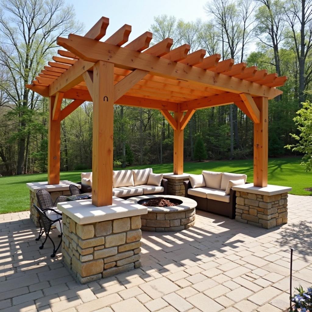 Rustic Wood Firepit Pergola Design with Stone Firepit
