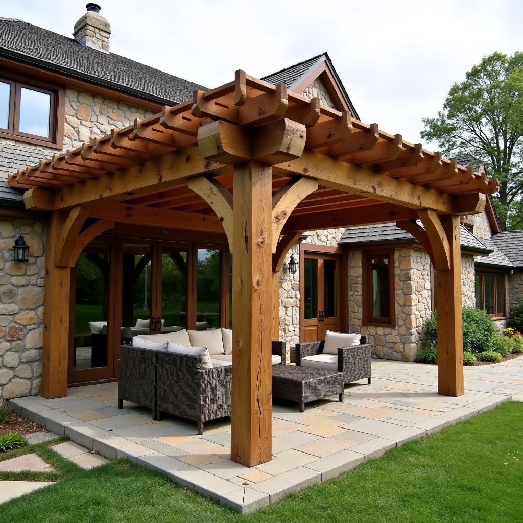 Rustic Wood Pergola Attached to Stone House