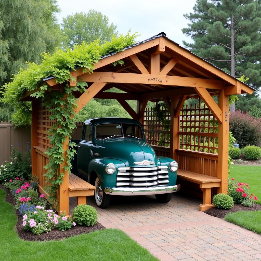 Rustic Wooden Pergola Carport with Integrated Storage Benches