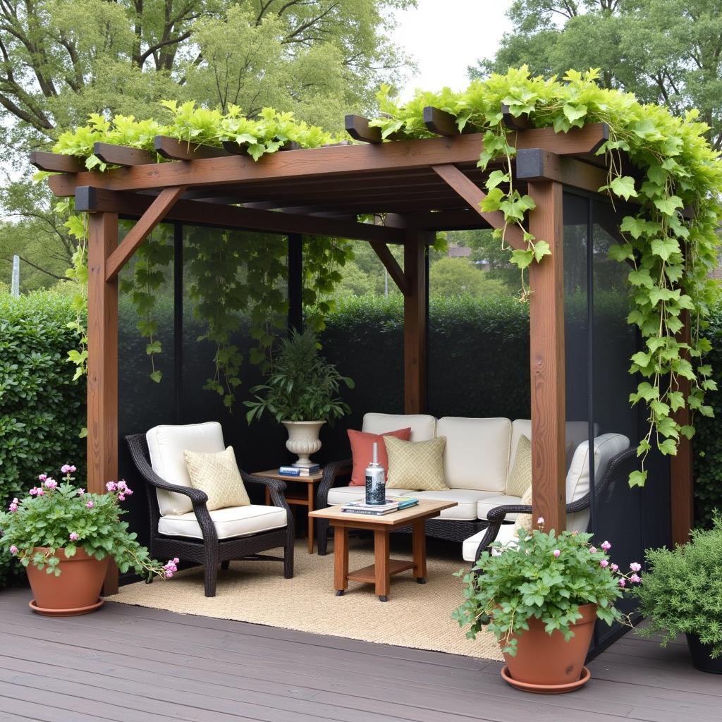 Screened Pergola Deck with Furniture and Plants