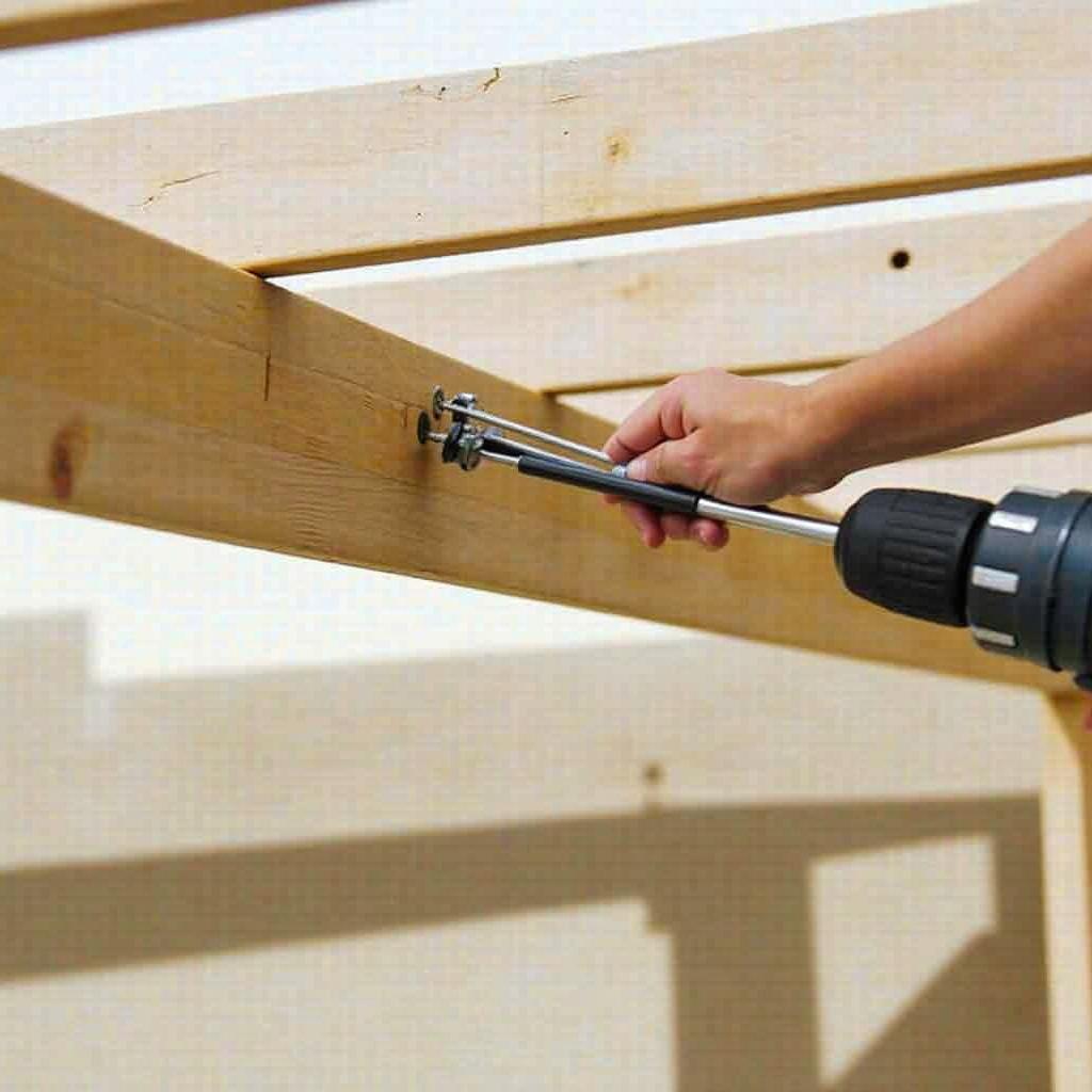 Fastening a solid pergola roof using screws and bolts for a secure and permanent attachment.