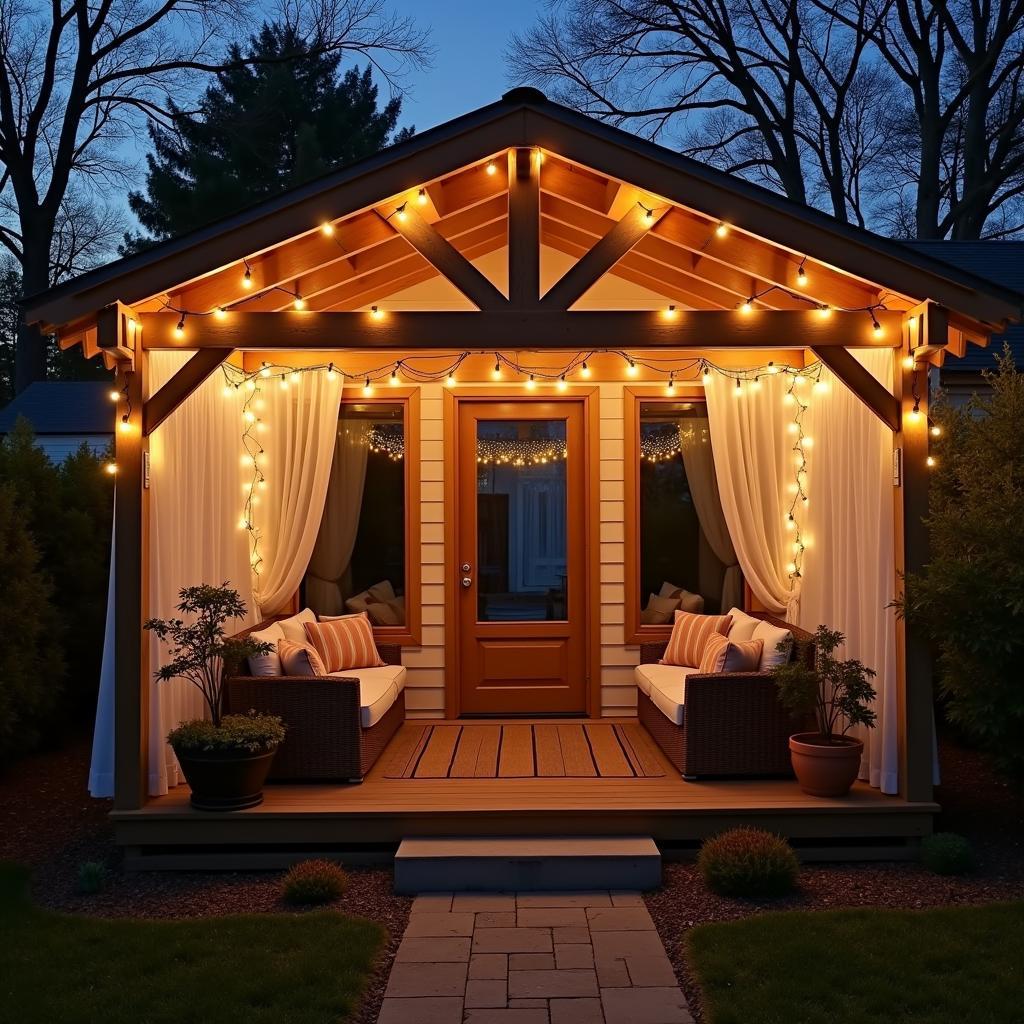 Small Cape Pergola with String Lights and Curtains