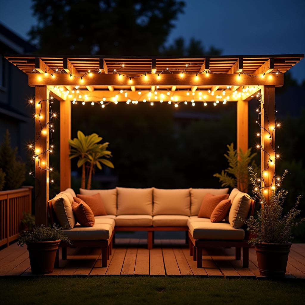 Small Pergola on Back Porch with String Lights
