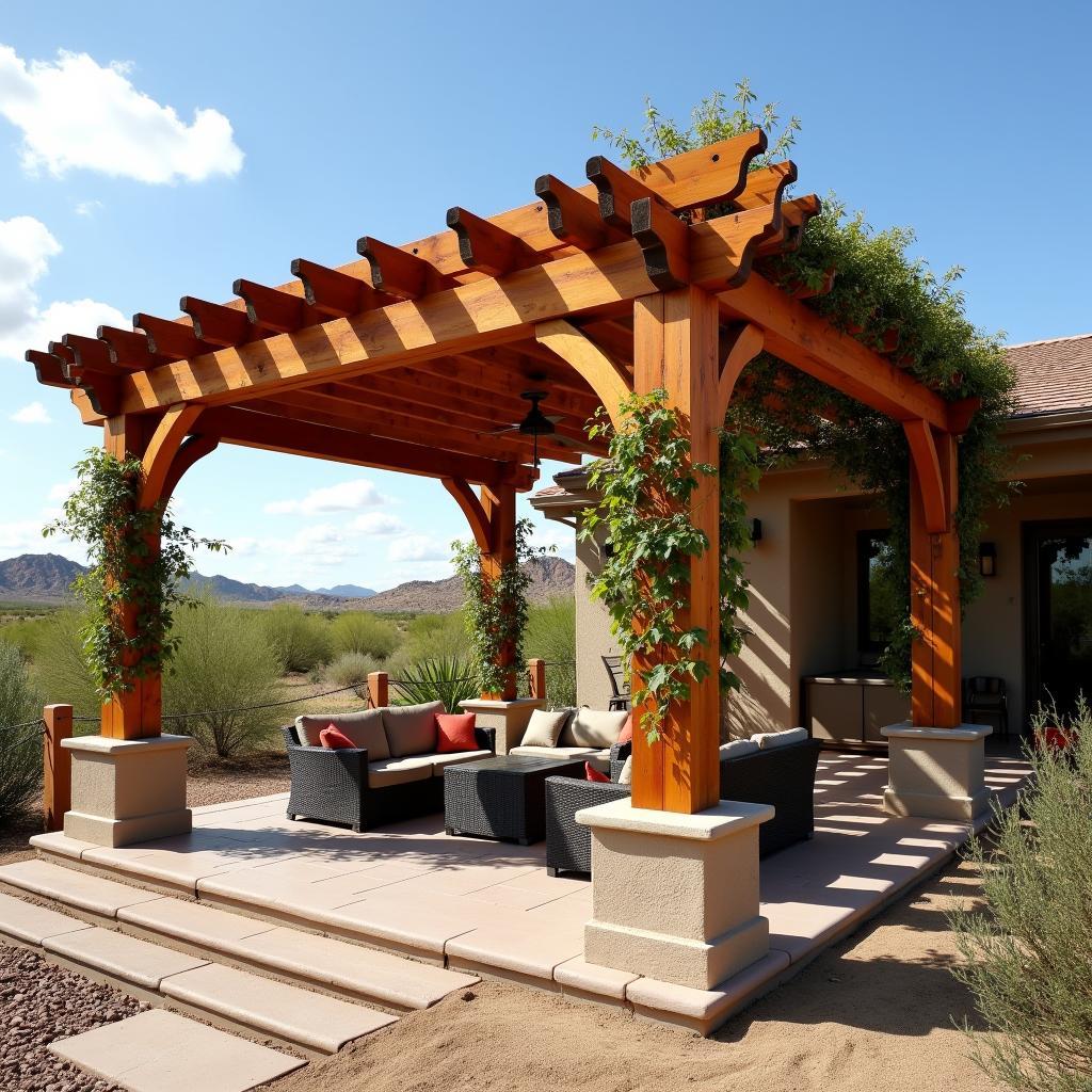 Southwestern style pergola made of cedar wood on a spacious deck
