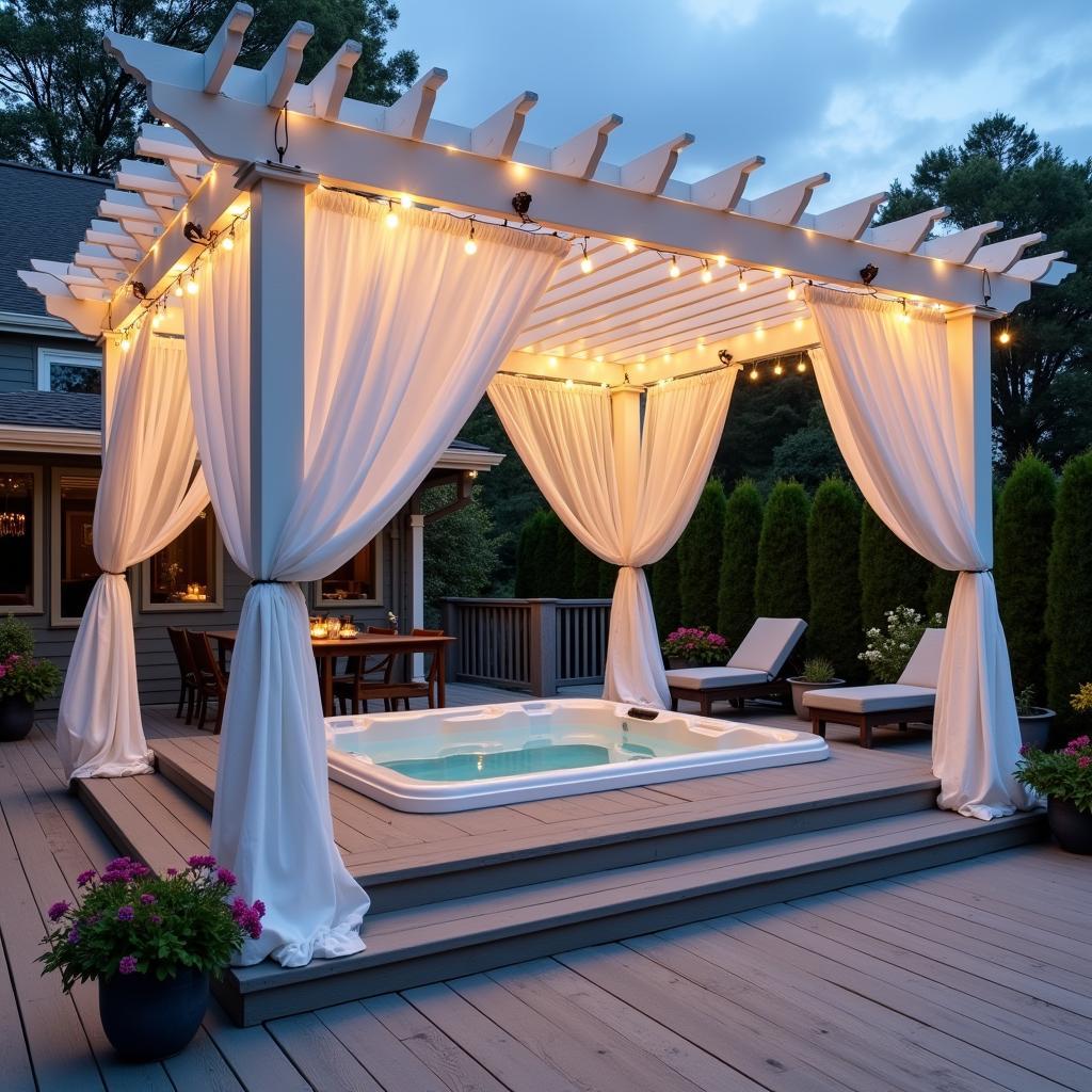 Spa Pergola with Lighting and Curtains