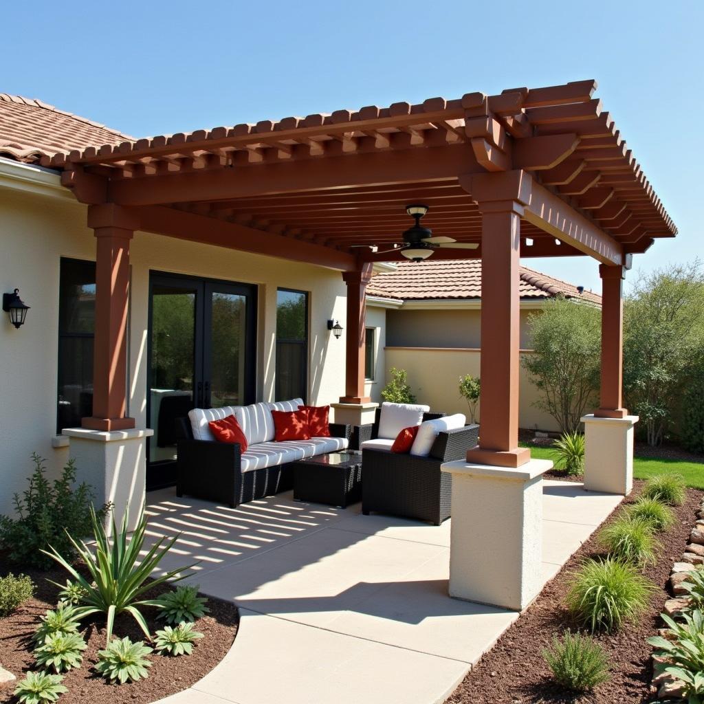 Spanish style pergola with outdoor seating area