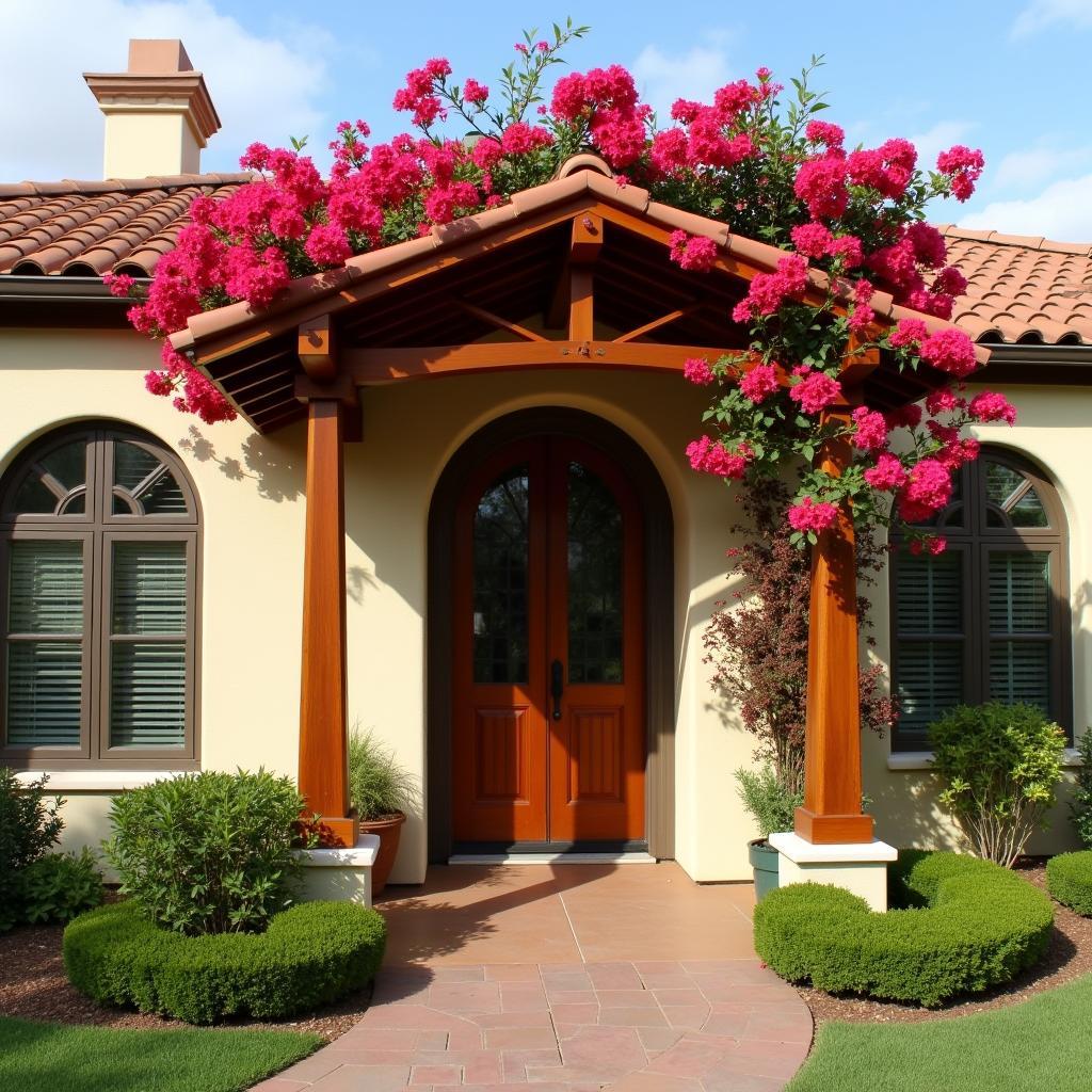 Arched wooden pergola at the entrance of a Spanish-style home