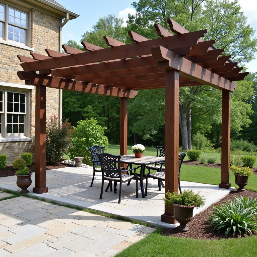 Stone Patio with Pergola and Outdoor Furniture
