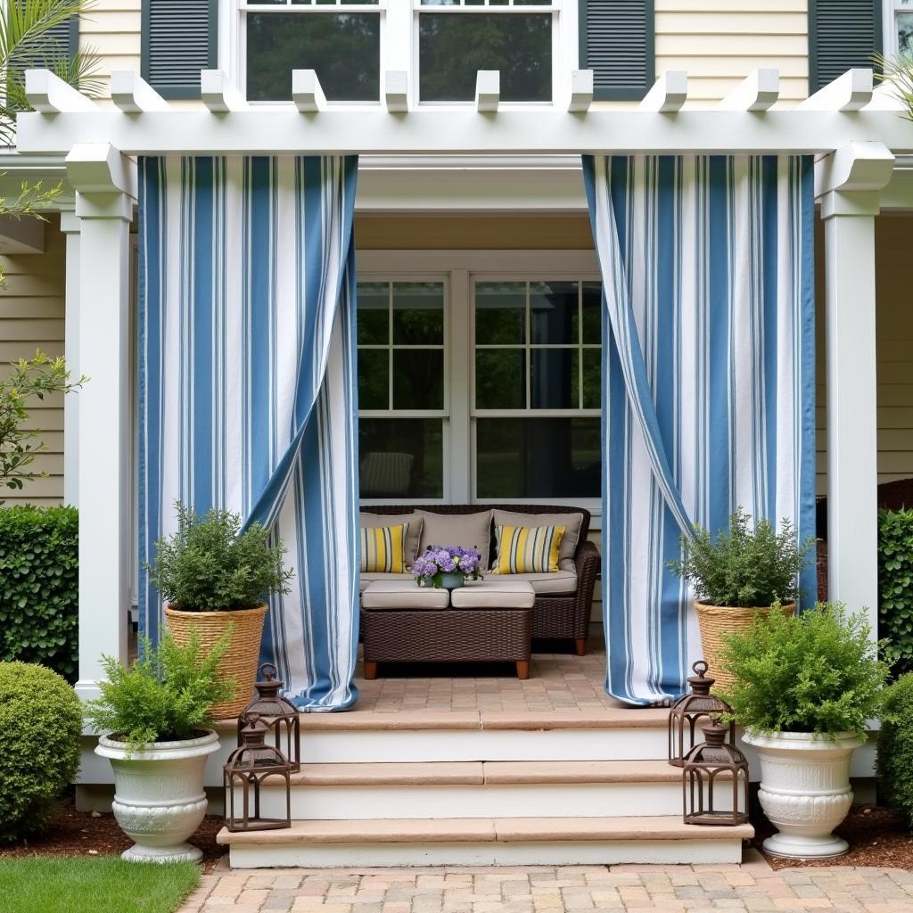 Striped Pergola Curtains and Cozy Seating on a Front Porch