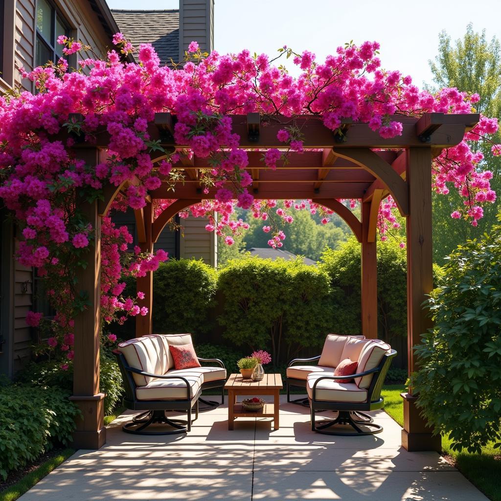 Bougainvillea draped over a sun-drenched pergola