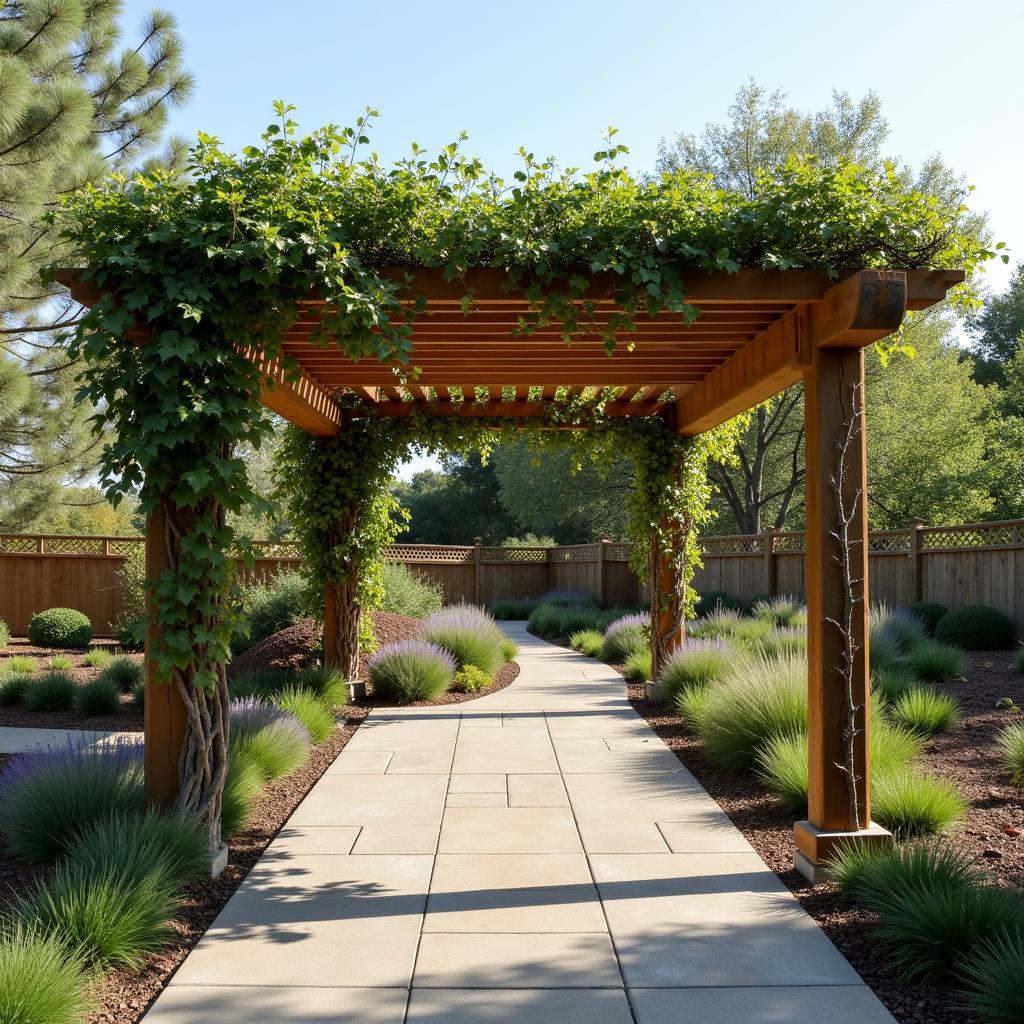 A thriving eucalyptus pergola integrated into a landscape