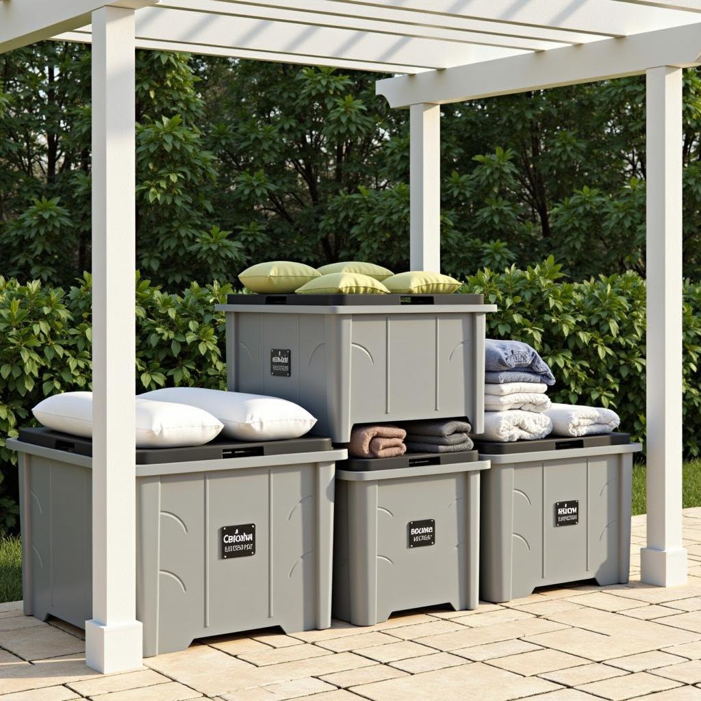 Weatherproof storage boxes under a pergola