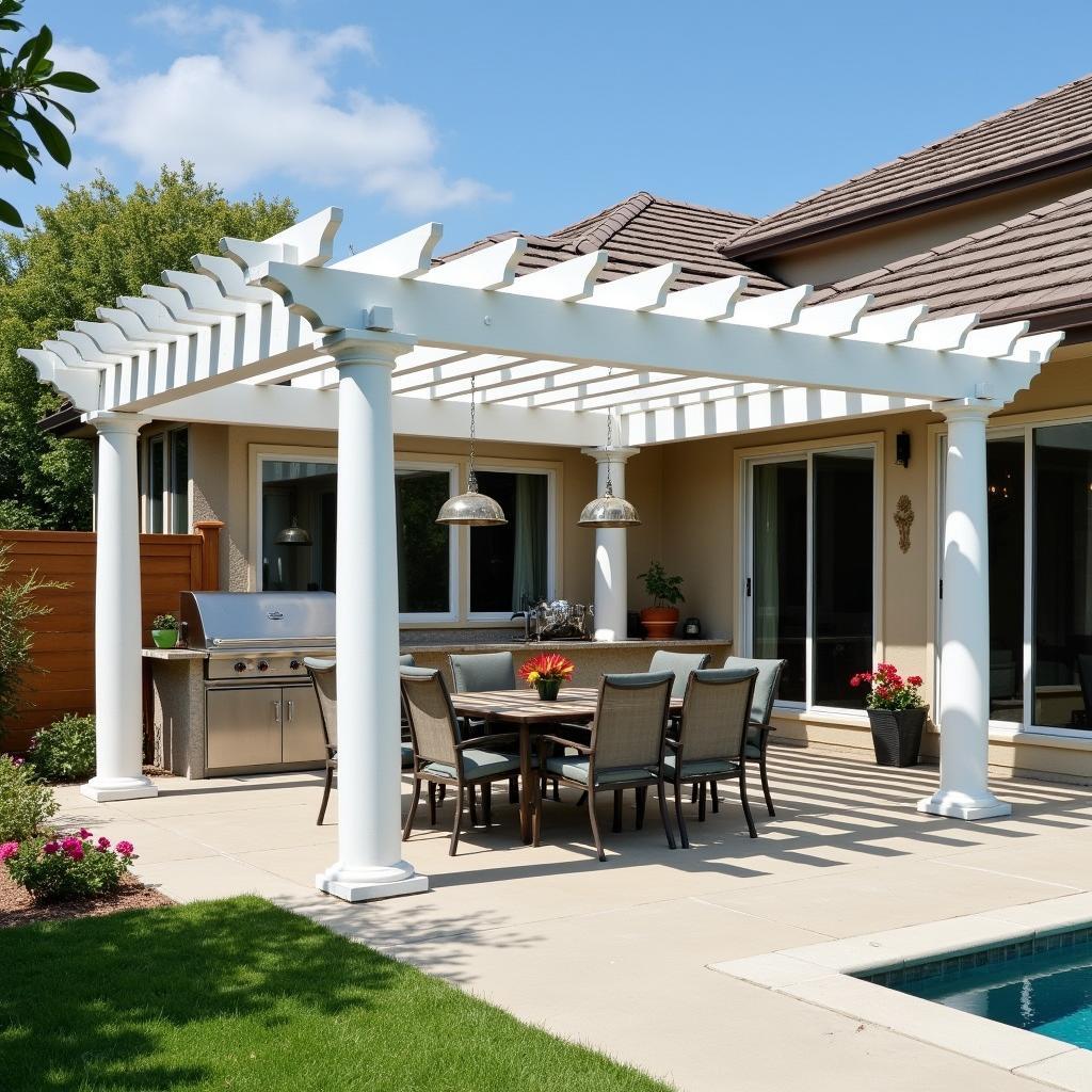 White Pergola with Outdoor Kitchen and Dining Area