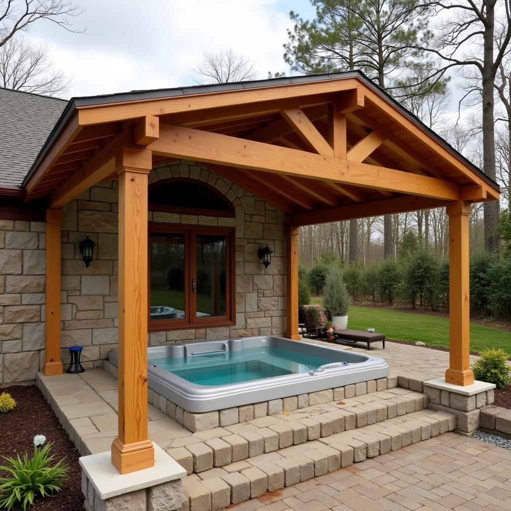 Wooden Pergola Over Hot Tub Beside Stone House