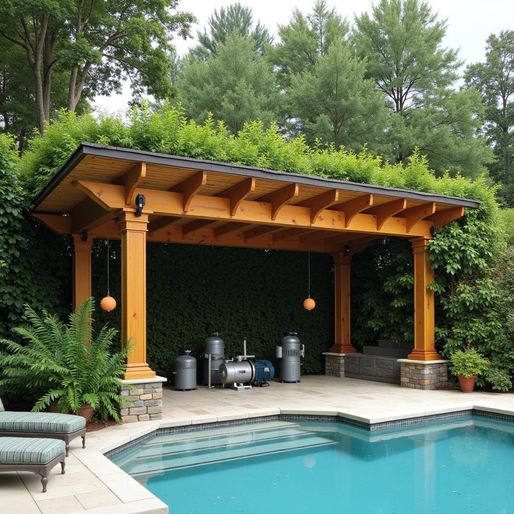Wooden Pergola Covering Pool Pump Equipment