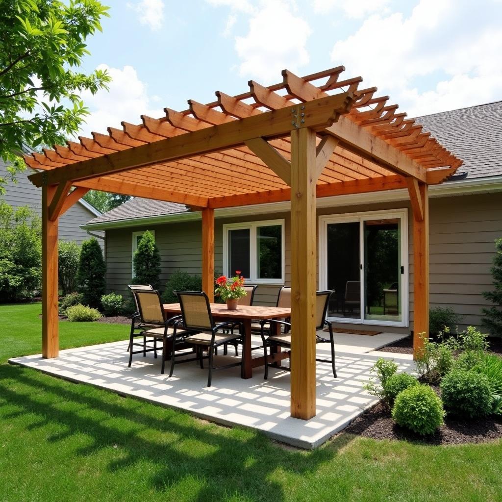 Wooden Pergola in a Ranch Style Backyard with Landscaping