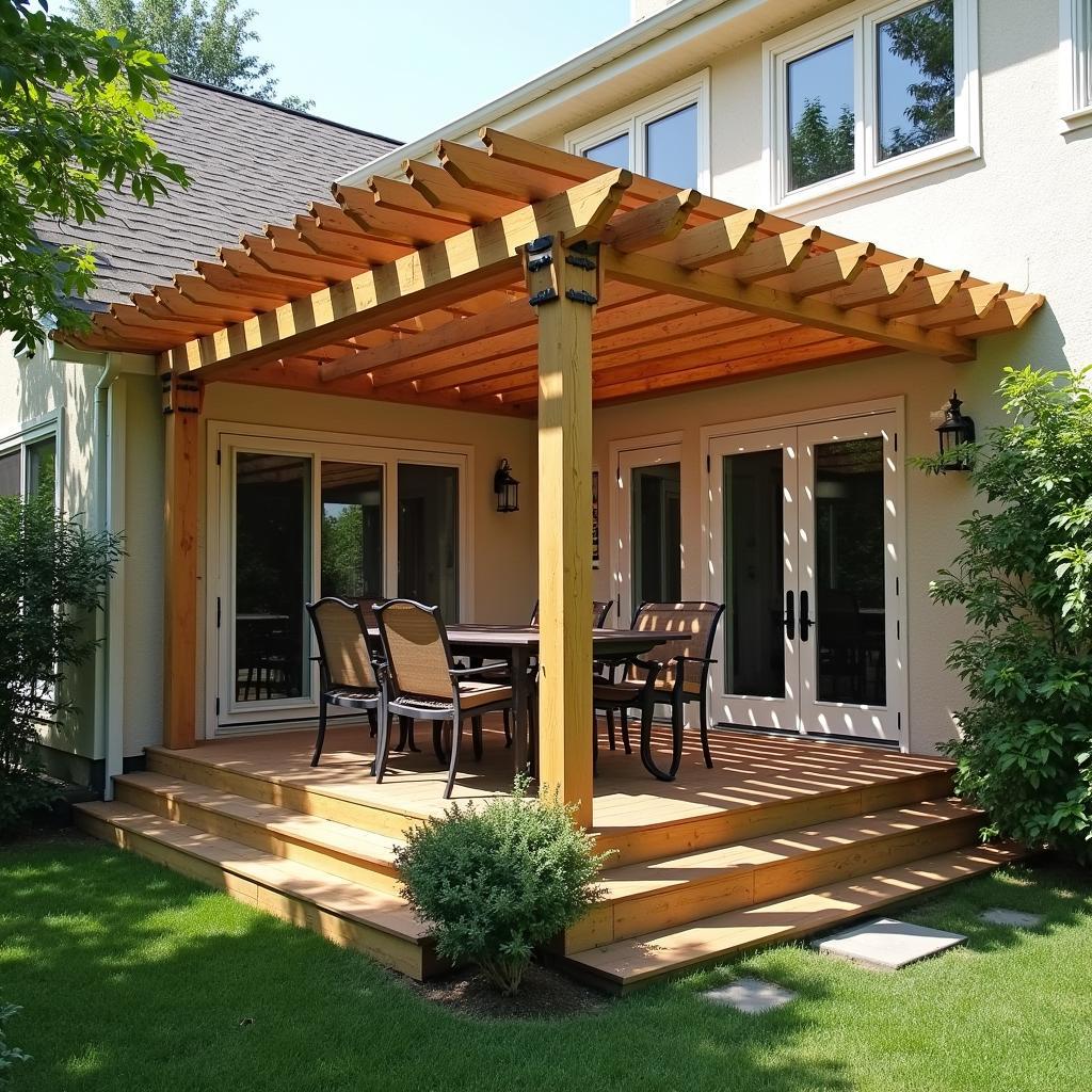 Wooden Pergola Attached to House Wall on Deck