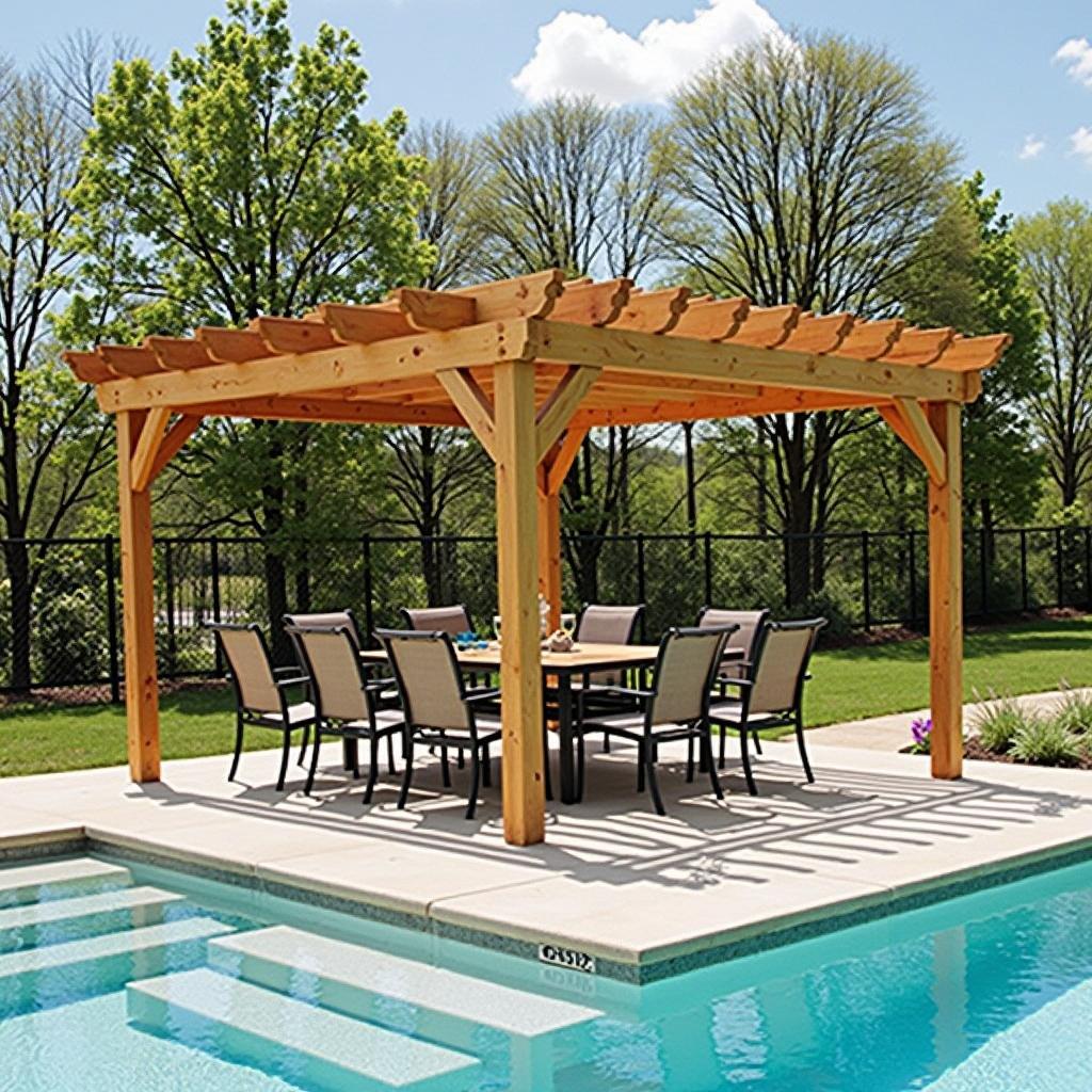 Dining under a wooden pergola by the pool
