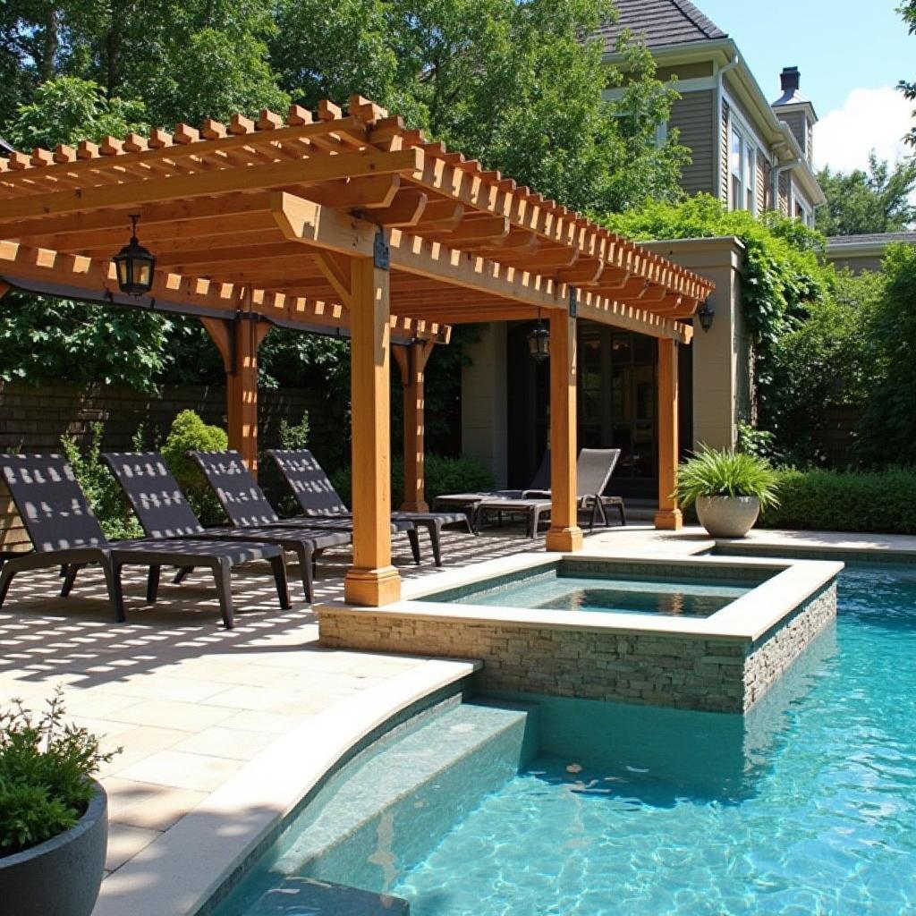 Wooden Pergola with Swim Spa and Privacy Screens