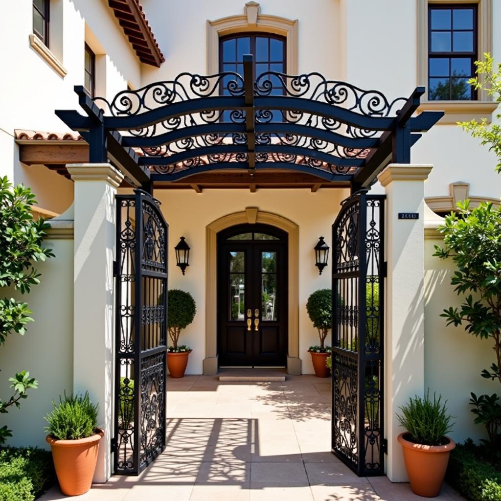 Wrought iron pergola in a Spanish-style courtyard entrance
